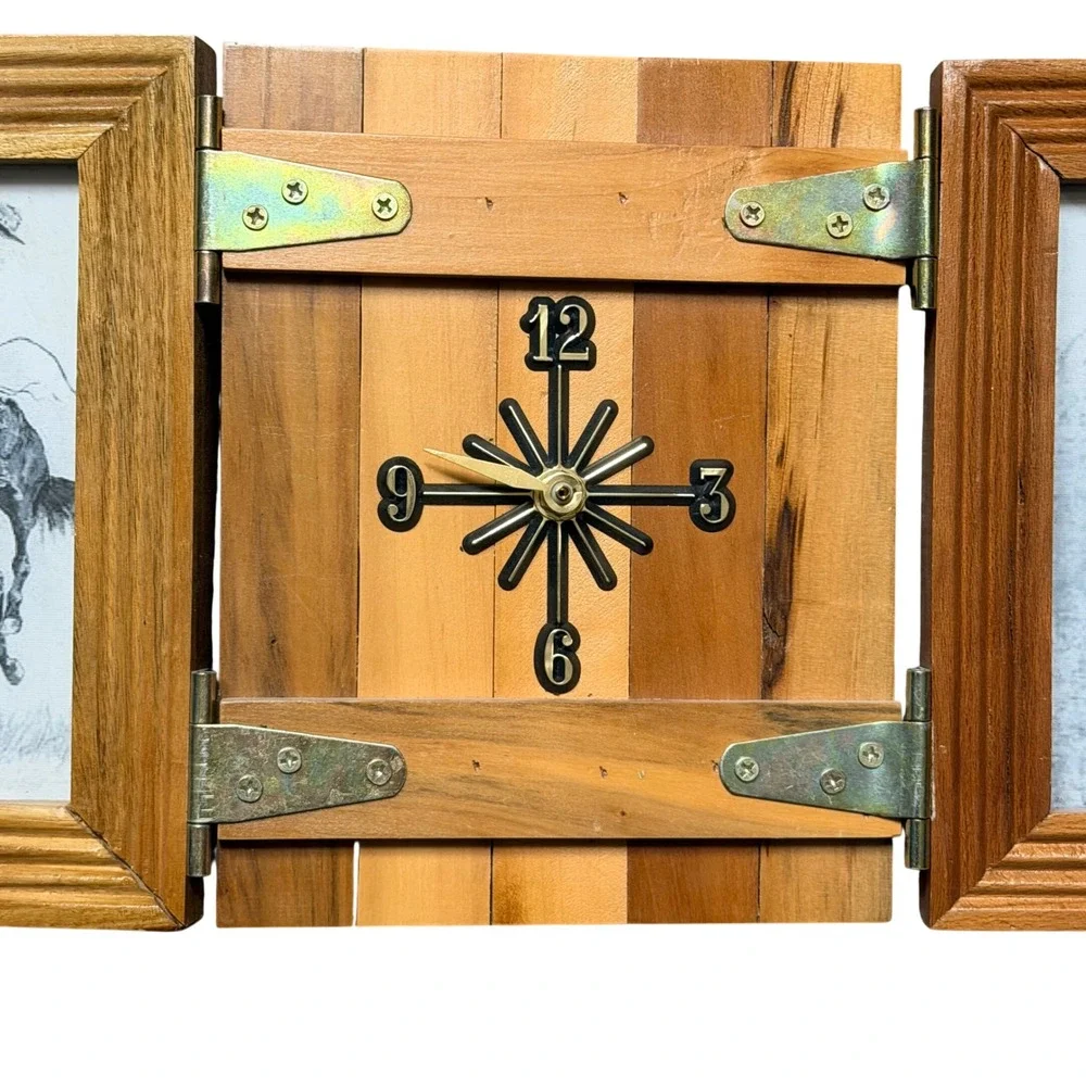 Vintage Rustic Wood Frederic Remington Western Triptych Desk Clock Picture Frame
